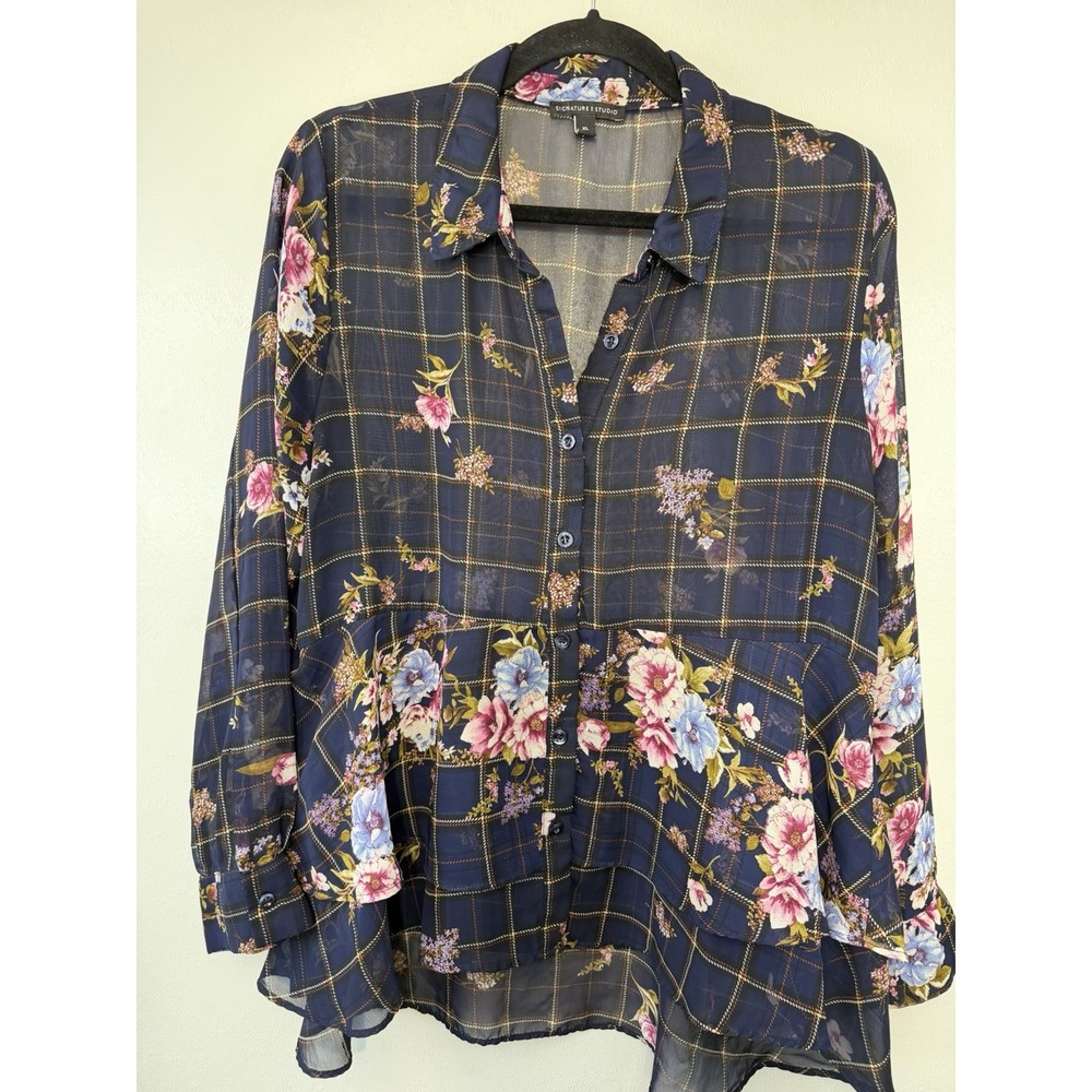Signature Studio Navy Windowpane Sheer Button Up W Peplum Hem Size XL